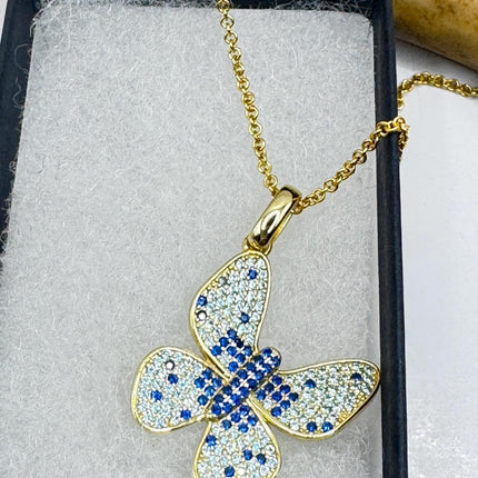 Vintage Blue Topaz Iolite Butterfly Necklace Golden Sterling Silver Minimalist Chain