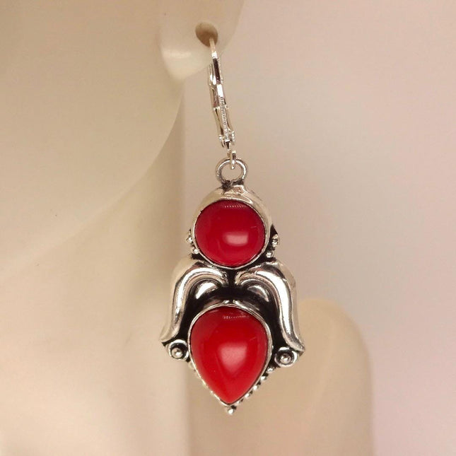 Vintage Red Coral Glass Silver Earrings | 925 sterling Silver Lever Backs