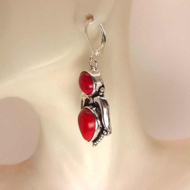 Vintage Red Coral Glass Silver Earrings | 925 sterling Silver Lever Backs