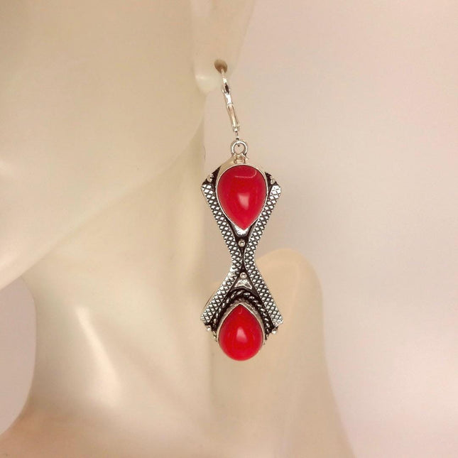 Vintage Red Coral Glass Silver Earrings | 925 sterling Silver Lever Backs
