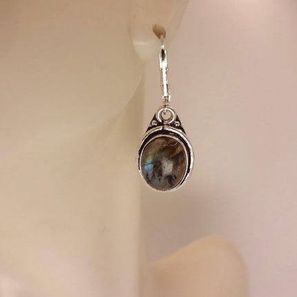 Vintage Labradorite Dangle Earrings Sterling Silver Design Statement Leverbacks