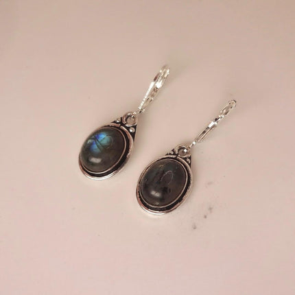 Vintage Labradorite Dangle Earrings Sterling Silver Design Statement Leverbacks