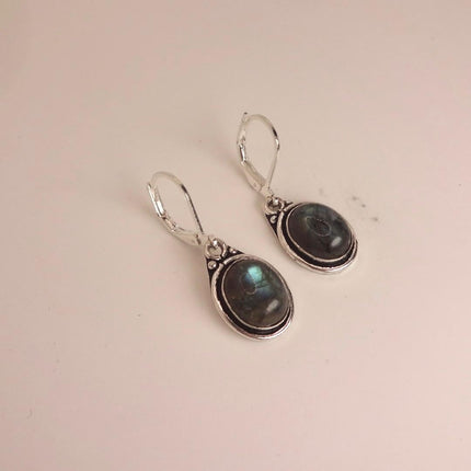Vintage Labradorite Dangle Earrings Sterling Silver Design Statement Leverbacks