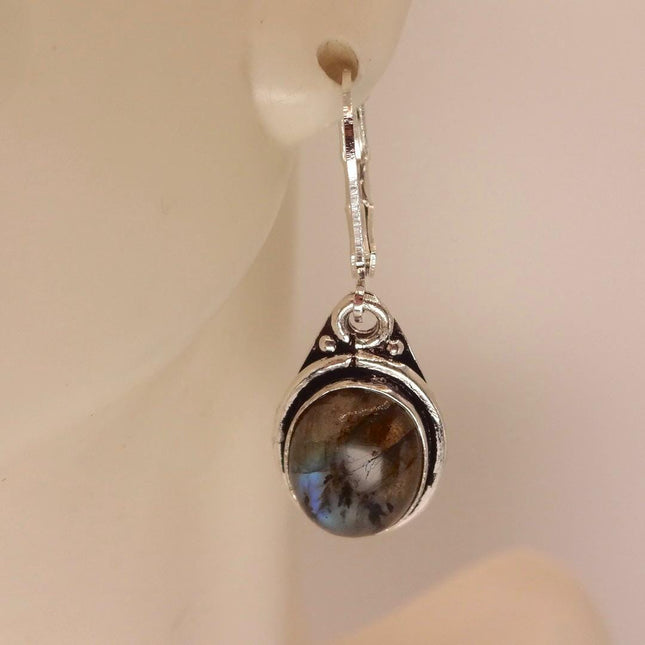 Vintage Labradorite Dangle Earrings Sterling Silver Design Statement Leverbacks