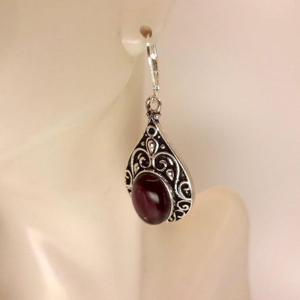 Vintage Red Garnet 925 Sterling Silver Lever Back Earrings