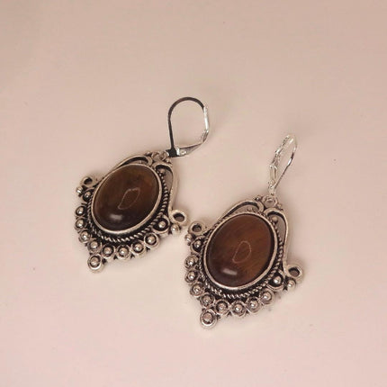 Vintage Tigers Eye Dangle Earrings Sterling Silver Leverbacks