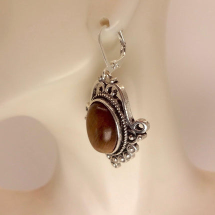 Vintage Tigers Eye Dangle Earrings Sterling Silver Leverbacks