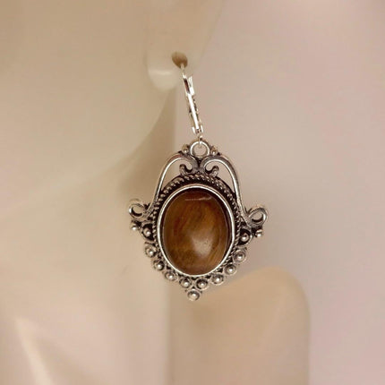Vintage Tigers Eye Dangle Earrings Sterling Silver Leverbacks