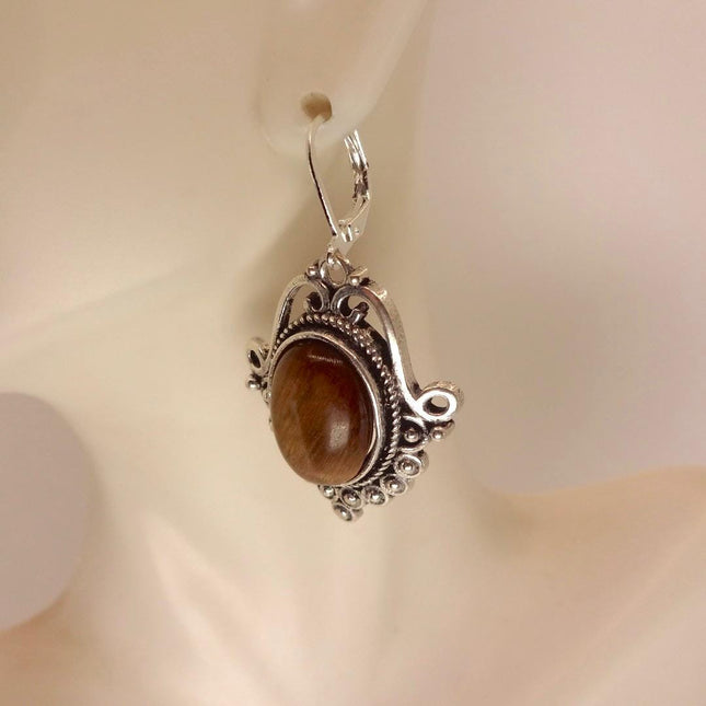 Vintage Tigers Eye Dangle Earrings Sterling Silver Leverbacks