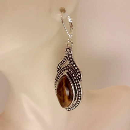 Vintage Tigers Eye Dangle Earrings Sterling Silver Leverbacks