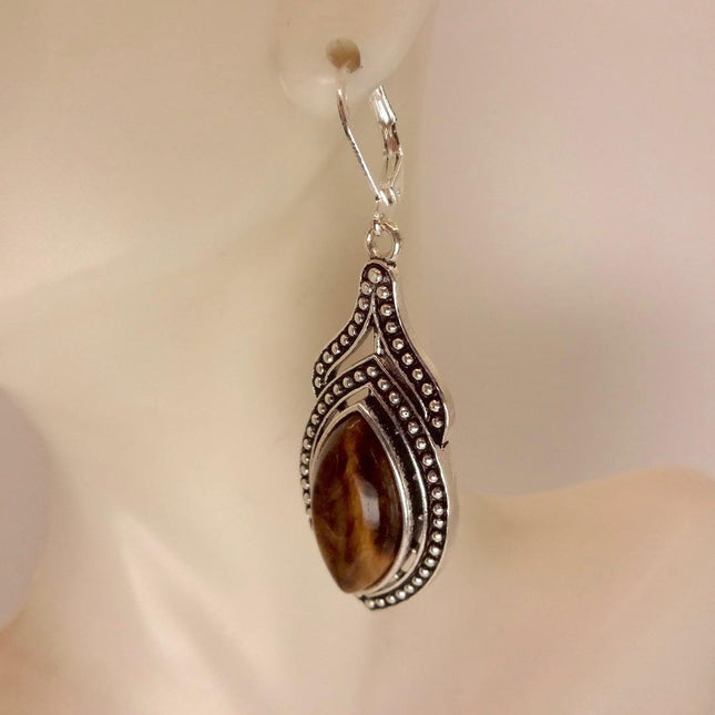 Vintage Tigers Eye Dangle Earrings Sterling Silver Leverbacks