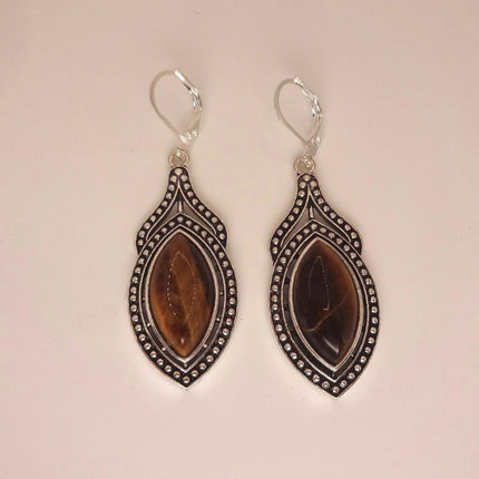 Vintage Tigers Eye Dangle Earrings Sterling Silver Leverbacks