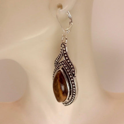 Vintage Tigers Eye Dangle Earrings Sterling Silver Leverbacks