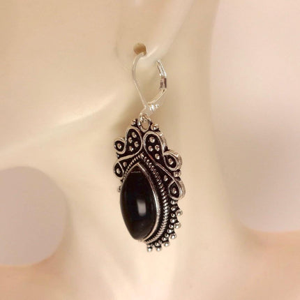 Vintage Black Onyx Dangle Earrings Sterling Silver Leverbacks