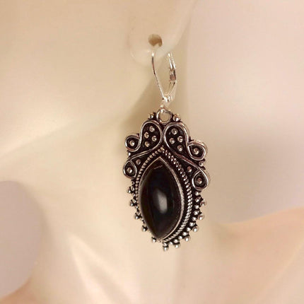 Vintage Black Onyx Dangle Earrings Sterling Silver Leverbacks