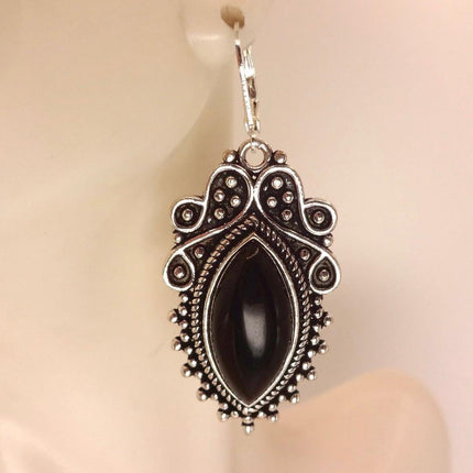 Vintage Black Onyx Dangle Earrings Sterling Silver Leverbacks