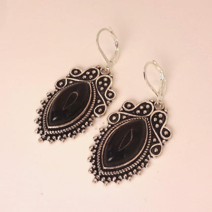 Vintage Black Onyx Dangle Earrings Sterling Silver Leverbacks