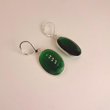 Vintage Green Glass Silver Earrings | 925 sterling Silver Lever Backs