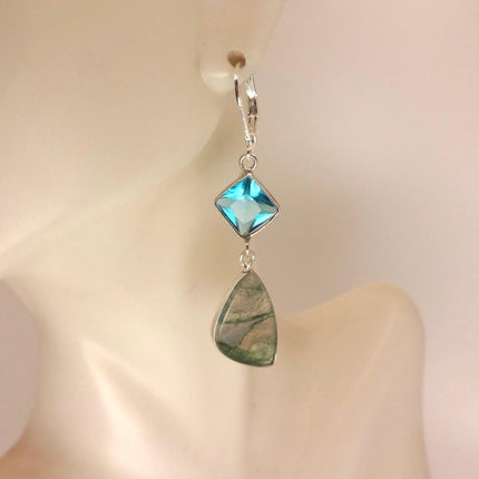 Vintage Aqua Blue Glass Moss Agate Silver Earrings | 925 sterling Silver Lever Backs