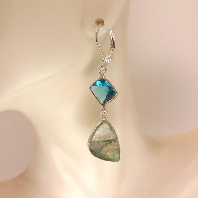Vintage Aqua Blue Glass Moss Agate Silver Earrings | 925 sterling Silver Lever Backs