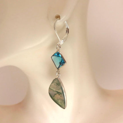 Vintage Aqua Blue Glass Moss Agate Silver Earrings | 925 sterling Silver Lever Backs