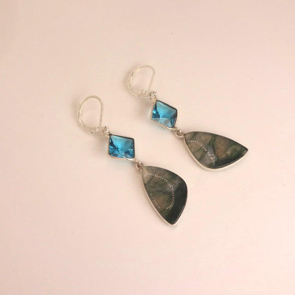 Vintage Aqua Blue Glass Moss Agate Silver Earrings | 925 sterling Silver Lever Backs