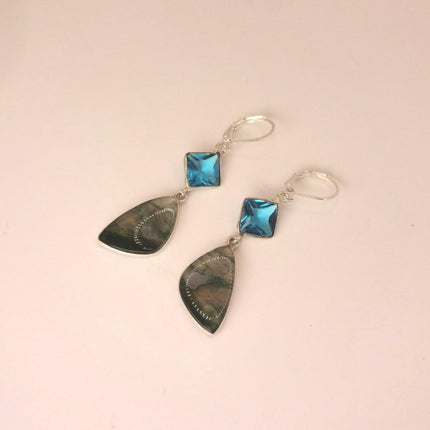 Vintage Aqua Blue Glass Moss Agate Silver Earrings | 925 sterling Silver Lever Backs