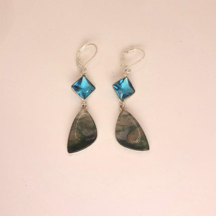 Vintage Aqua Blue Glass Moss Agate Silver Earrings | 925 sterling Silver Lever Backs