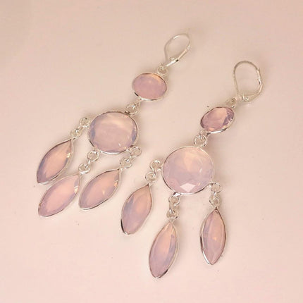 Vintage Pink Rose Quartz Heart Chandelier Drop Gemstone 925 Sterling Silver Earrings