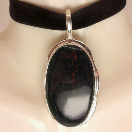 Vintage Green Bloodstone Choker Necklace - Bronze and Silver Finish Black Velvet Ribbon Design