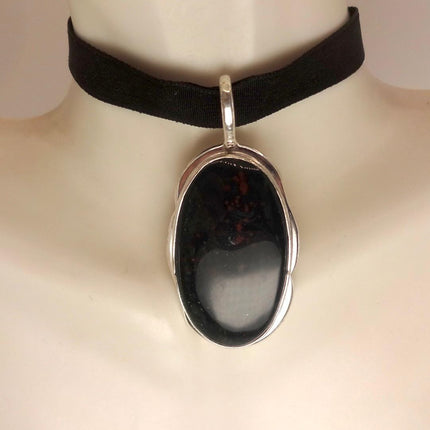 Vintage Green Bloodstone Choker Necklace - Bronze and Silver Finish Black Velvet Ribbon Design
