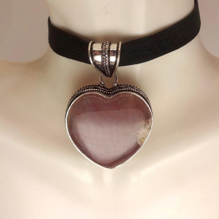 Vintage Agate Heart Choker Necklace - Bronze and Silver Finish Black Velvet Ribbon Design