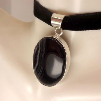 Vintage Black Onyx Pendant Ribbon Choker Necklace Silver Bronze Necklace Statement