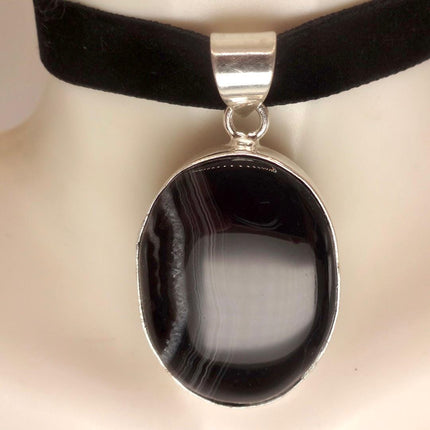 Vintage Black Onyx Pendant Ribbon Choker Necklace Silver Bronze Necklace Statement