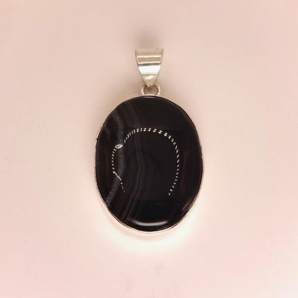 Vintage Black Onyx Pendant Ribbon Choker Necklace Silver Bronze Necklace Statement