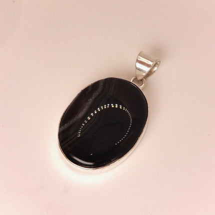 Vintage Black Onyx Pendant Ribbon Choker Necklace Silver Bronze Necklace Statement