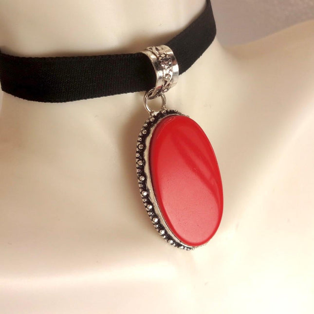 Vintage Red Coral Glass Silver Boho Statement Necklace Black Velvet Choker
