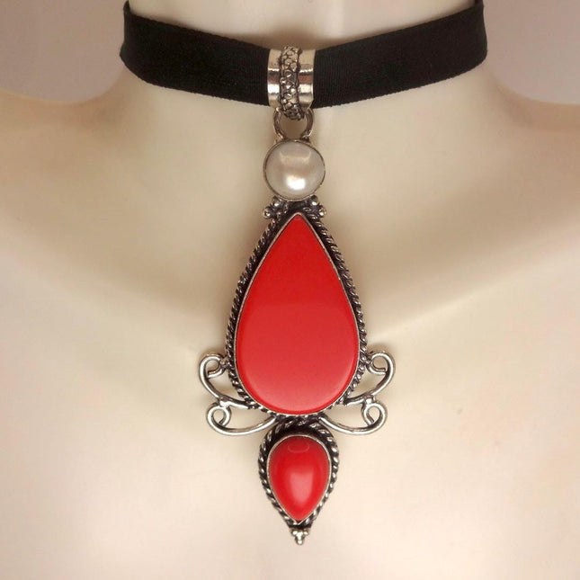 Vintage Red Coral Glass Silver Boho Statement Necklace Black Velvet Choker