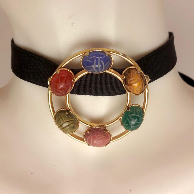 Vintage Scarab Brooch Pin: Tigers Eye, Gold Filled