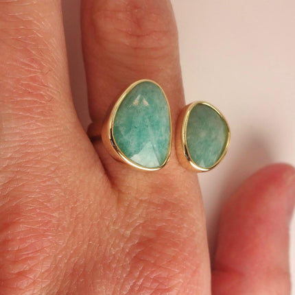 Vintage Gold Bronze Green Amazonite adjustable ring