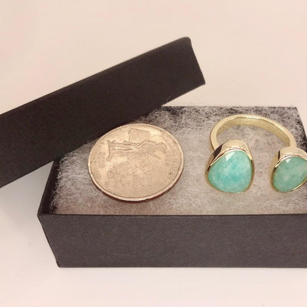 Vintage Gold Bronze Green Amazonite adjustable ring