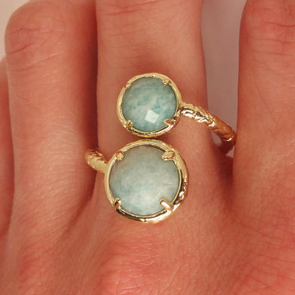 Vintage Gold Bronze Green Amazonite adjustable ring