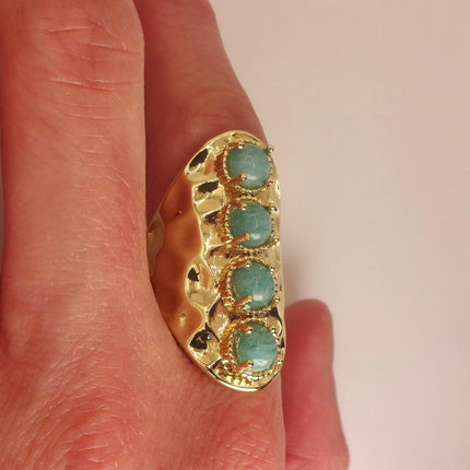 Vintage Gold Bronze Green Amazonite adjustable ring