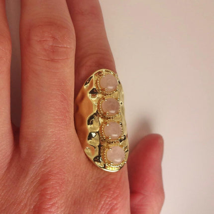 Vintage Gold Bronze Rose Quartz Ring: Boho Statement Jewelry Adjustable