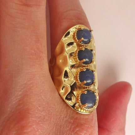 Vintage Statement Ring: Deep Blue Chalsedony Gold Finished Bronze Adjustable