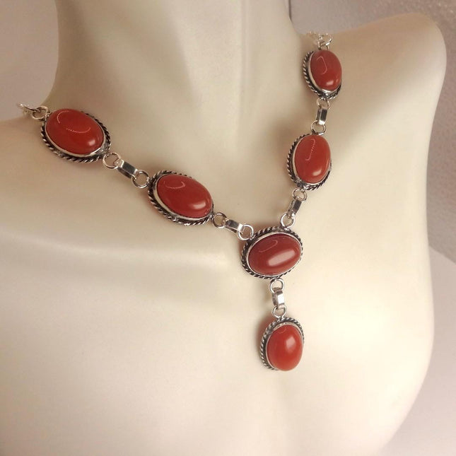 Vintage Red Coral Glass Silver Boho Statement Necklace