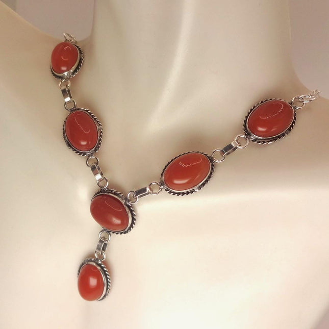 Vintage Red Coral Glass Silver Boho Statement Necklace