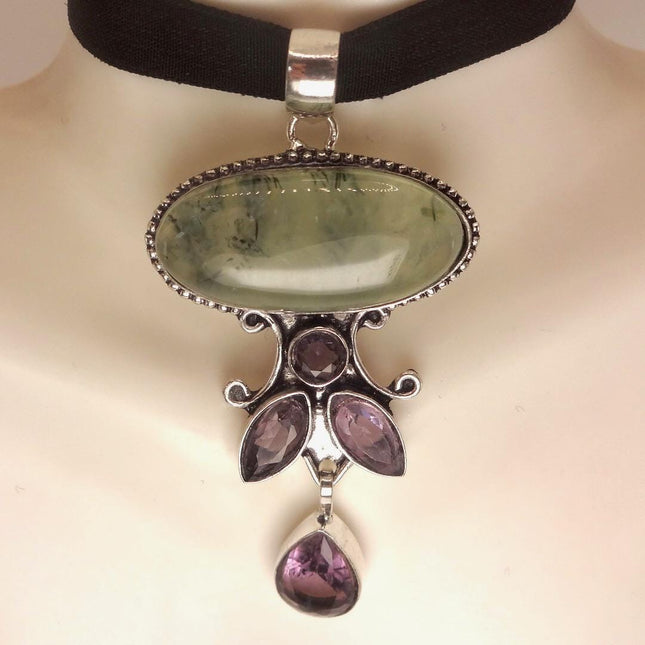 Vintage Green Moss Agate Choker and Amethyst Necklace - Bronze and Silver Finish Black Velvet Ribbon Design