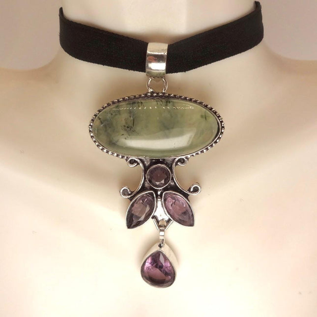 Vintage Green Moss Agate Choker and Amethyst Necklace - Bronze and Silver Finish Black Velvet Ribbon Design