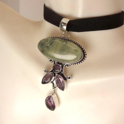Vintage Green Moss Agate Choker and Amethyst Necklace - Bronze and Silver Finish Black Velvet Ribbon Design